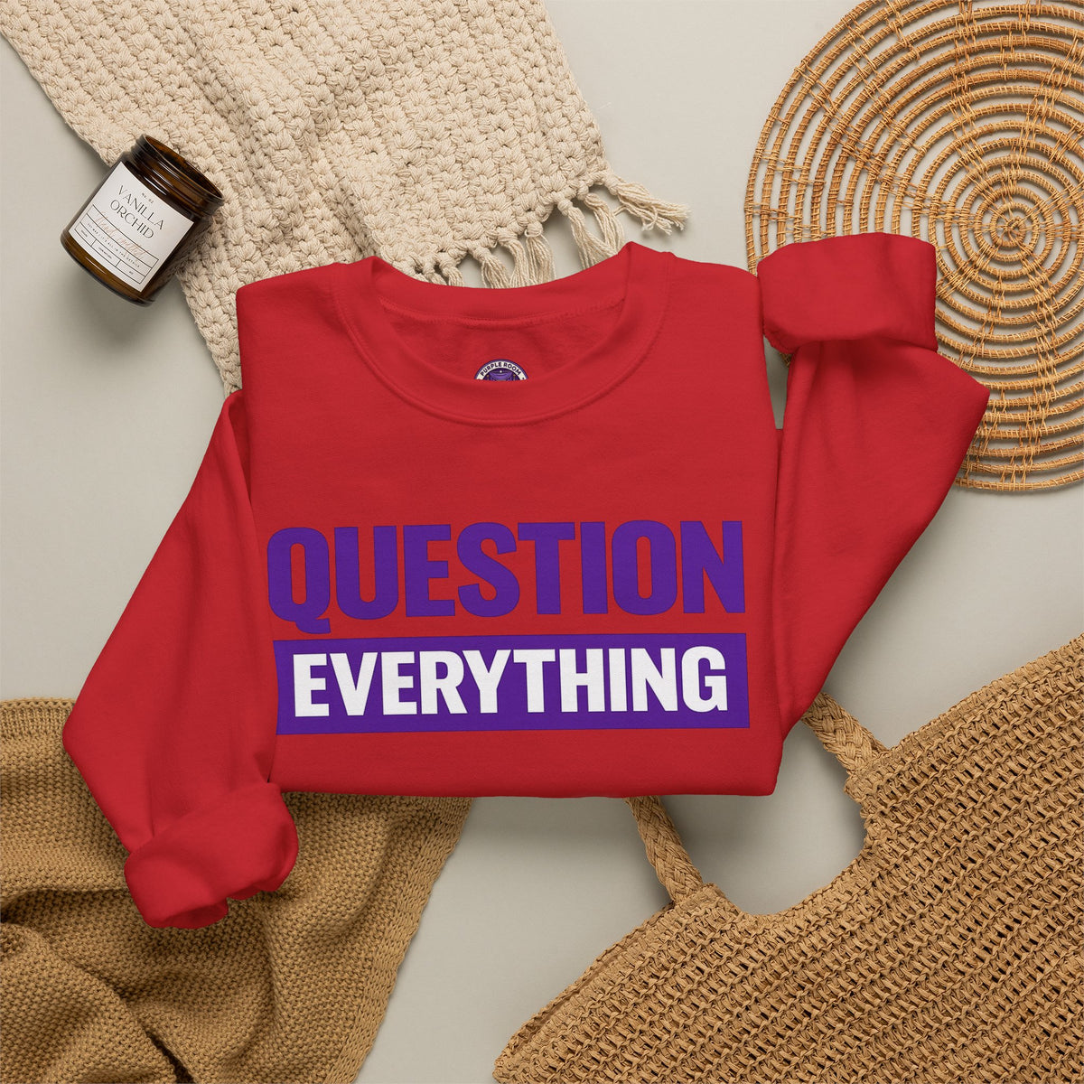 Question Everything Crewneck Sweatshirt — Bold Purple Graphic Pullover