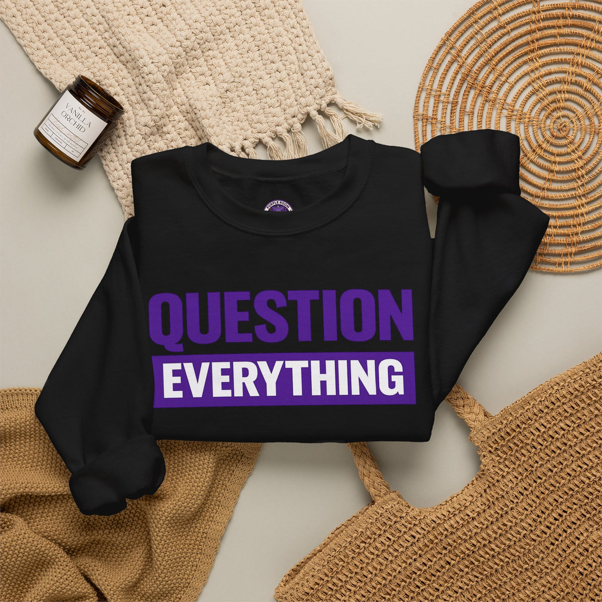 Question Everything Crewneck Sweatshirt — Bold Purple Graphic Pullover