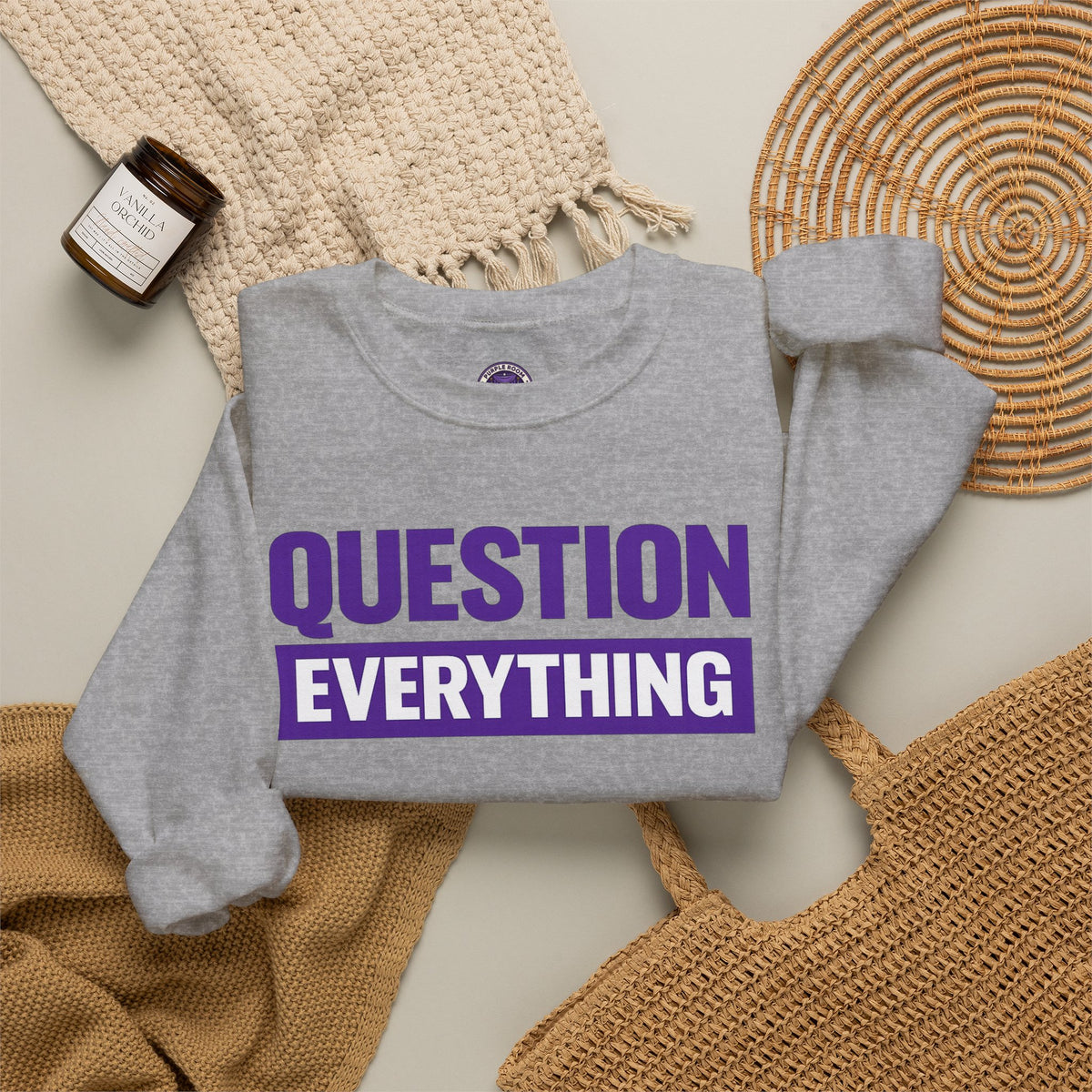 Question Everything Crewneck Sweatshirt — Bold Purple Graphic Pullover