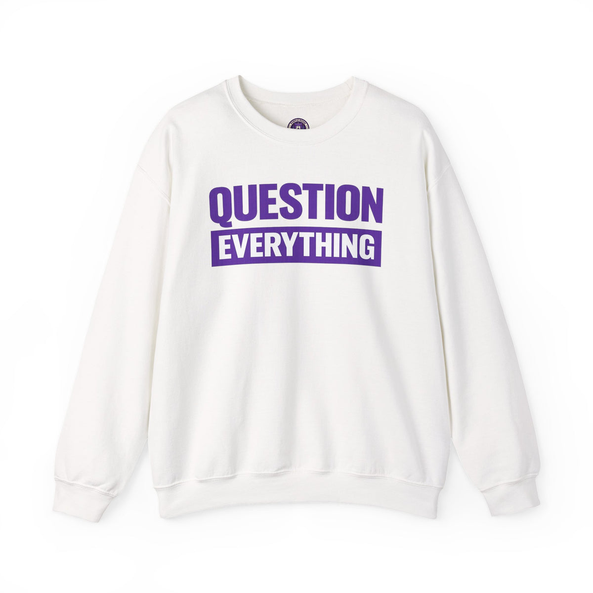 Question Everything Crewneck Sweatshirt — Bold Purple Graphic Pullover