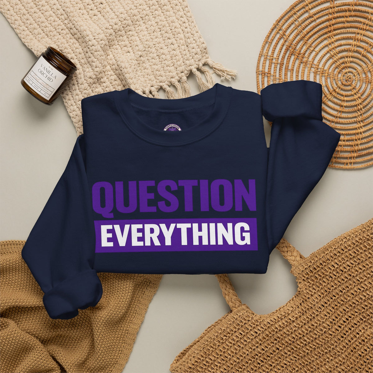 Question Everything Crewneck Sweatshirt — Bold Purple Graphic Pullover