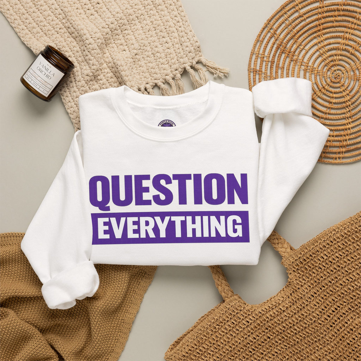 Question Everything Crewneck Sweatshirt — Bold Purple Graphic Pullover